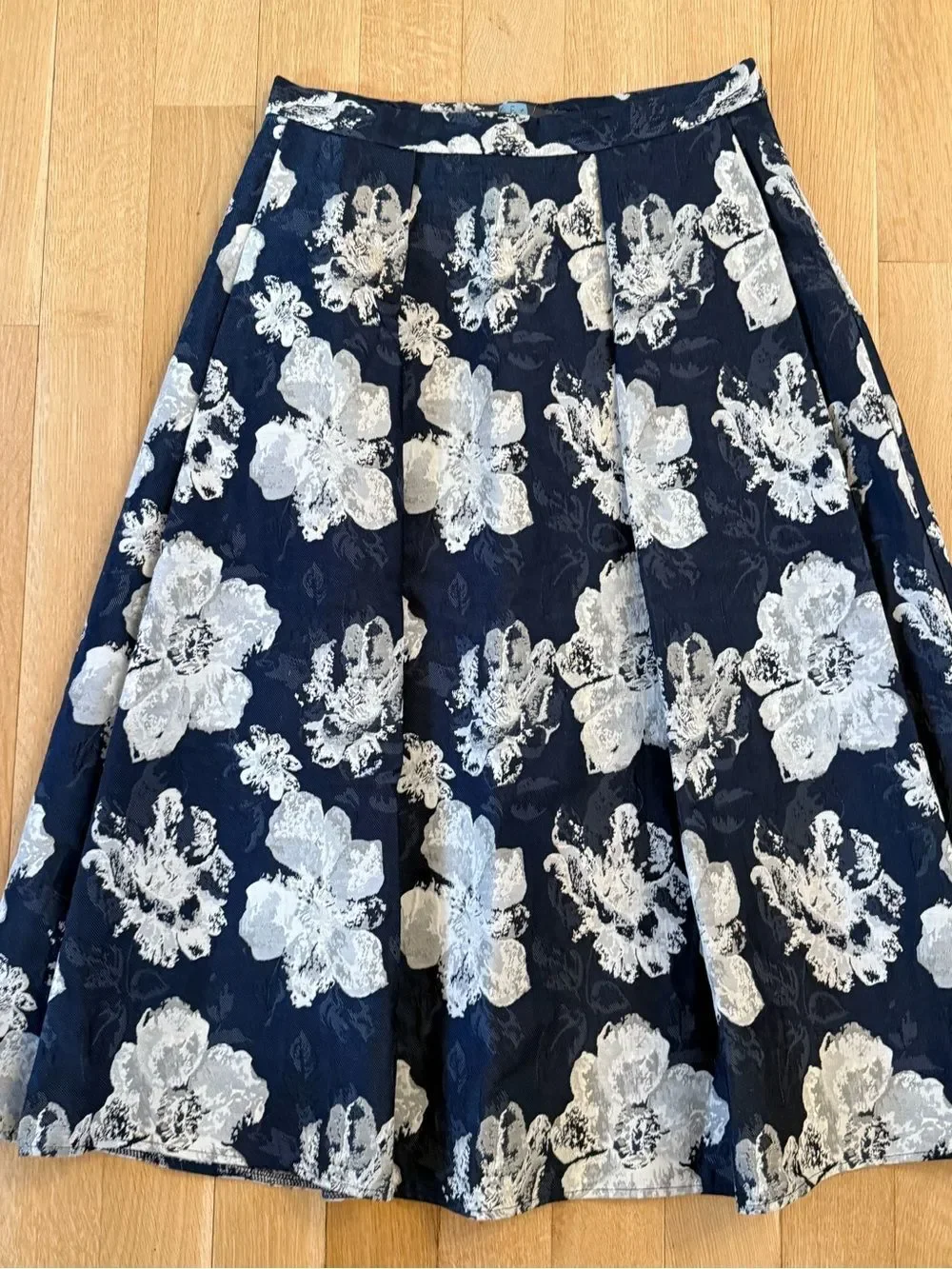 Eva Franco Navy A-Line Skirt with Silver Floral Brocade